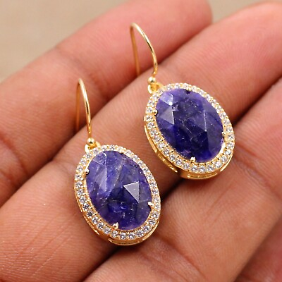 #ad Genuine Treated Corundum Blue Sapphire Earrings 925 Sterling Silver Gold Plated