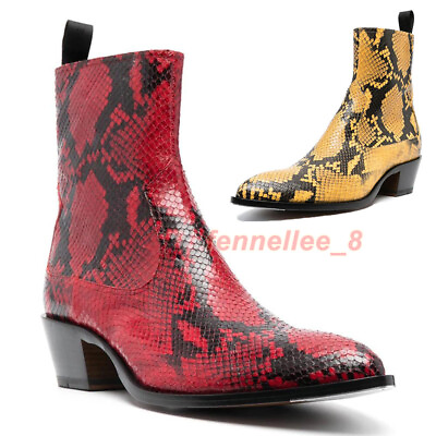 #ad Men Snakeskin Print Real Leather Chelsea Boots Pointed Toe Cuba Heels Ankle Boot