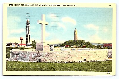 #ad 1939 Cape Henry Virginia VA Memorial amp; New Lighthouses Cross Linen Postcard C28