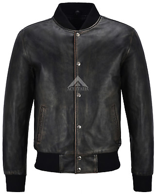 #ad Mens Varsity Leather Jacket Black Classic Bomber Baseball Real Leather Jacket