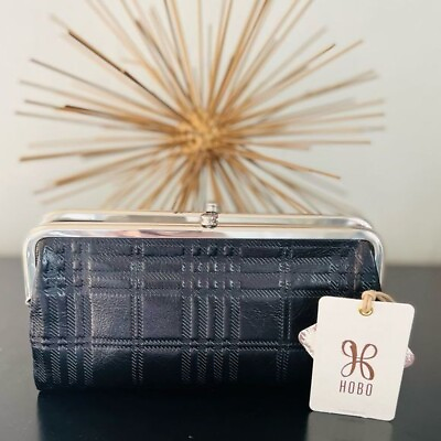 Hobo Lauren Double Snap Embossed Plaid Black Leather Wallet Clutch NWT $129.00