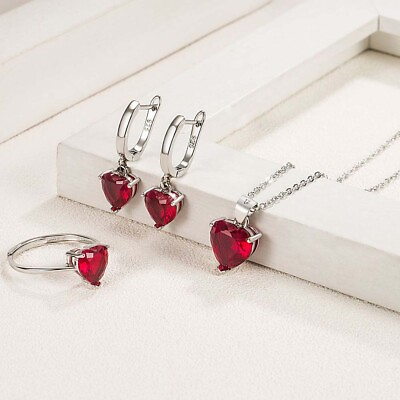 #ad 925 Sterling Silver Jewelry Set Women Heart Crystal Necklace Earring Ring Gift
