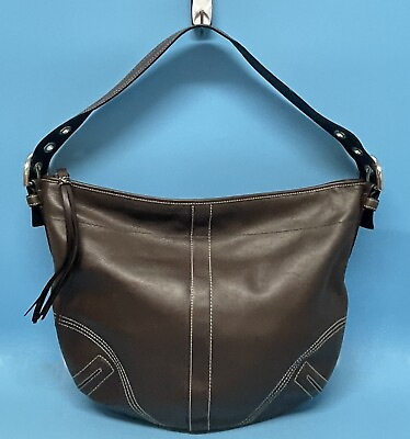 #ad COACH Handbag Brown Leather 8A03 Silver Accents Stitching **EUC** TERRIFIC BAG