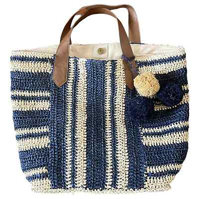 #ad Straw Studios Large Striped Tote or Beach Bags with Pom Poms Navy Cream