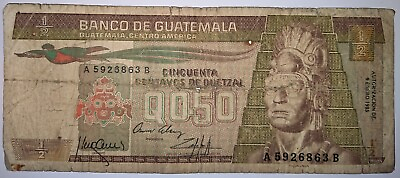 #ad Banco De Guatemala Banknote 1 2 Quetzal 1985 Circulated amp; Extremely Worn