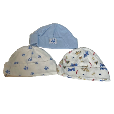 #ad Carter#x27;s One Size Newborn Baby Boy Infant Hats Beanies Blue amp; Dog Print Lot of 3