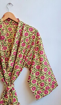 #ad Indian Cotton Robe Long Kimono Sleepwear Yellow Floral Printed Night Kimono Robe