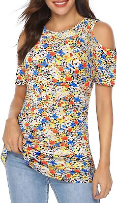 #ad LURANEE Womens Cold Shoulder Shirts Short Sleeve Crew Neck Floral Tunic Tops