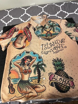 #ad Men’s Size L Hawaiian Shirt Hawalili Hula Girl Palm Trees Island Love