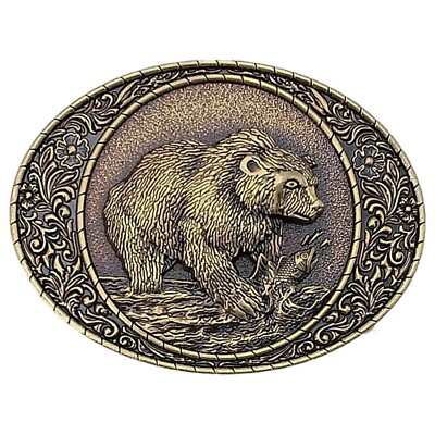 #ad Men Antique BRONZE Metal Belt Buckle Bear Hunting Salmon