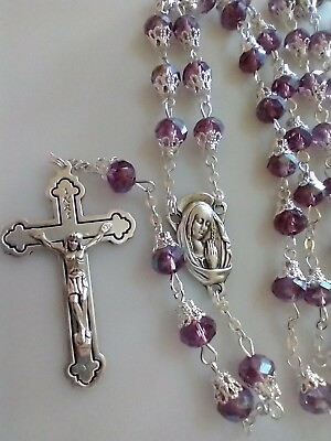 #ad Catholic AB Purple Color Capped Linked Glass Rosary Silver Tone Crucifix