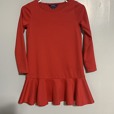 #ad Polo Ralph Lauren Girls Red Dress M 8 10 Long Sleeve Embroidered