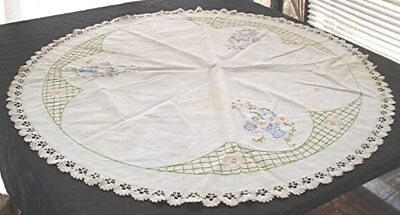 #ad VTG HAND EMBROIDERED COTTON LINEN TABLECLOTH TOPPER FLOWER BASKETS