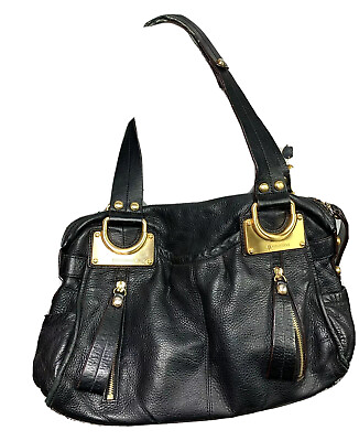 B Makowsky Women#x27;s Pebbled Black Leather Handbag Satchel Hobo Gold Accents $37.88