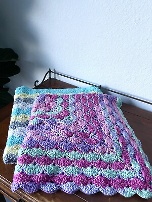 #ad Vtg Pair of 2 Crochet Baby Blanket Afghan Pastels Fringe Retro Nursery 33”x31”