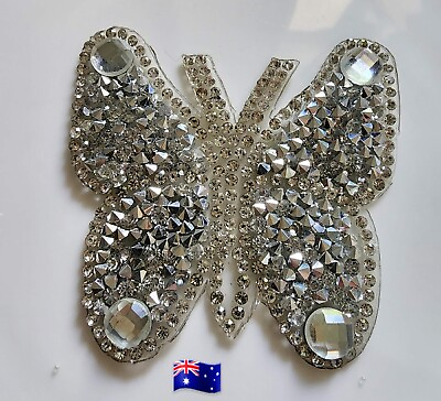 #ad 1pce Sparkling Rhinestone Silver Butterfly Iron In Patch Applique 6x6cm