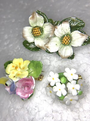 #ad 3 PC Lot Vintage Floral Bone China Staffordshire Thorley Brooch Flower Pin