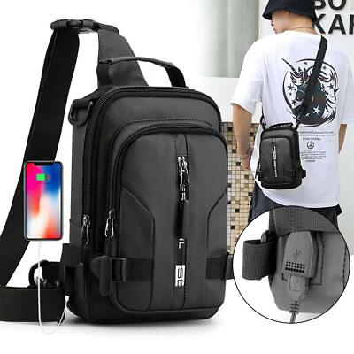 Men#x27;s USB Charging Sling Chest Shoulder School Bookbag Fanny Pack Crossbody Bag $15.99