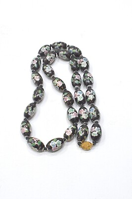 #ad Chinese Cloisonne Flower Black Oval Strand Necklace