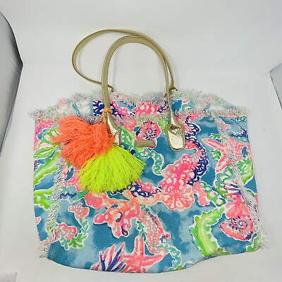 #ad Lilly Pulitzer Beach Bag Tote Colorful Bright Neon Sealife Gold Handles Seashell