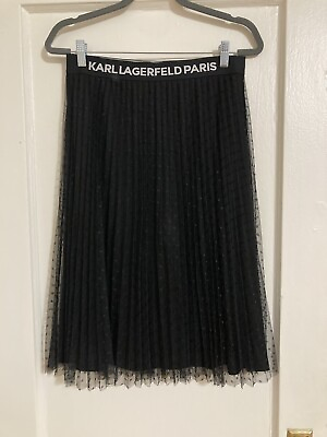 #ad Karl Lagerfeld Paris Womens Black Pleated Dotted Sheer Midi Skirt Logo Small EUC