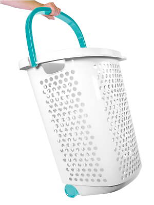 #ad Bushel Rolling Plastic Laundry Hamper with Pop Up Handle White