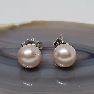 #ad 14K WHITE GOLD Shiny Blush Pink Pearls Stud Earrings