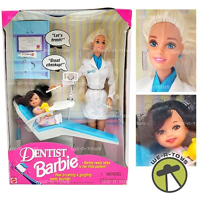 #ad Dentist Barbie Doll Set Blonde and Patient with Black Hair 1997 Mattel NRFB