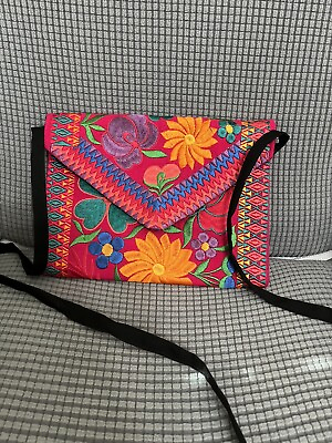 #ad Vtg Handmade Fabric Handbag Shoulder bag Cross body Floral Embroidery BOHO