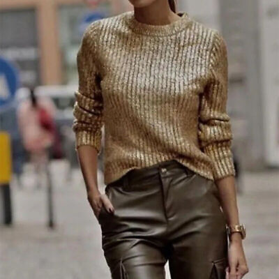 #ad Womens Shiny Gold Round Neck Pullover Long Sleeve Sweater Knitted Fashion Jumper