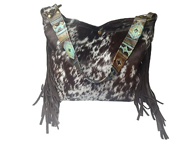 #ad Spotted Brown Cowhide Fringe Bucket Bag Handmade Bright Navajo Strap MSRP $235