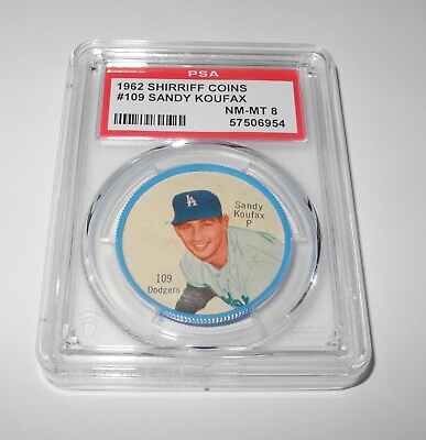 #ad 1962 Shirriff Canadian Baseball Coin Salada 109 Sandy Koufax Dodgers PSA 8 NM MT