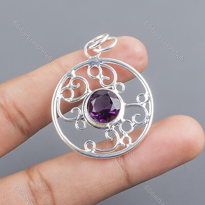 #ad Natural African Amethyst Gemstone Pendant Purple 925 Sterling Silver Jewelry