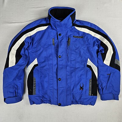 #ad Spyder Jacket Boys Size 14 Blue Black Block Color Full Zip Packable Hood 64902
