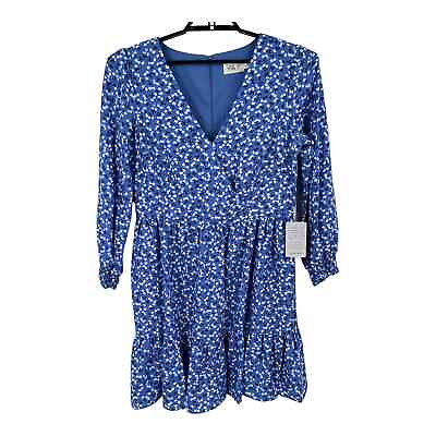#ad Eliza J Dress Floral Surplice neck long sleeve fit flare blue size 14