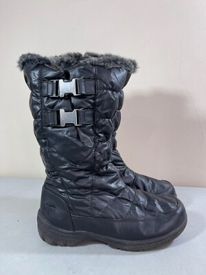TOTES WOMEN#x27;S BLACK SIDE ZIP LINED MID CALF PUFFER BOOTS W FAUX FUR TRIM SIZE 6M $13.11