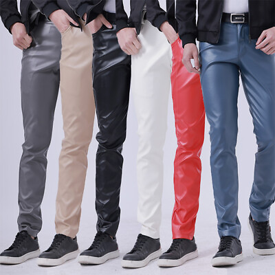 #ad Motorcycle Skinny Straight Faux Leather Pants Men Slim Fit PU Leather Trousers Ⓩ