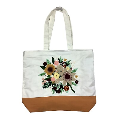 #ad Handmade Floral Embroidered Shoulder Canvas Women#x27;s Tote Book Bag White M L