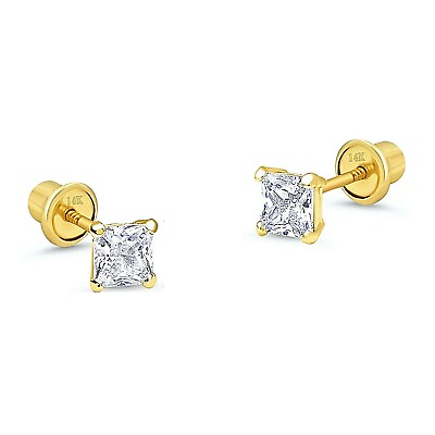 #ad 2.1 mm Princess Genuine Diamond Tiny Stud Screw back Earrings in 14k Yellow gold