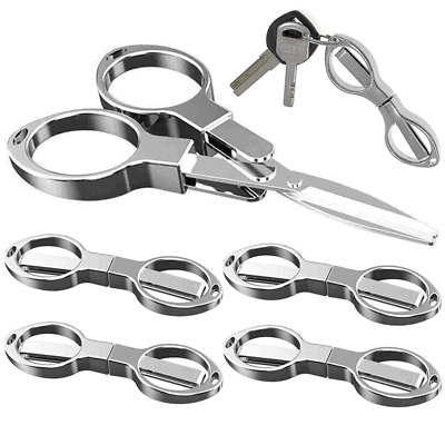 #ad 5PC Folding Camping Stainless Steel Scissors Keychain Scissor Mini Cutter Silver
