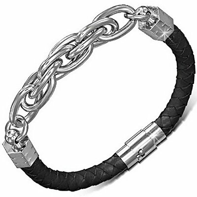 #ad Black Genuine Leather Braided Silver Tone Stainless Steel Wristband Bracelet