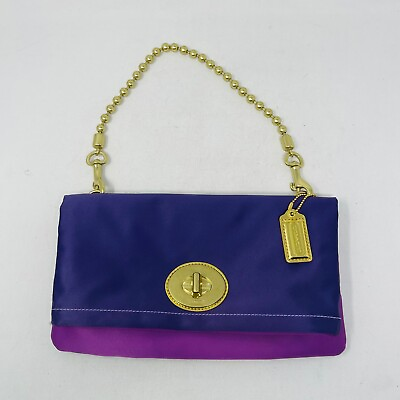 #ad Coach Clutch Foldover Bag AMANDA 12926 Purple Sateen Fabric Gold Dog Tag Chain