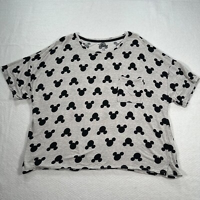 #ad DISNEY Women#x27;s XL Gray Black Logo Short Sleeve Mickey Mouse Pocket Tee Shirt