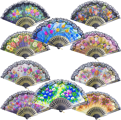 #ad 10 Pieces Spanish Hand Fan Spanish Fans Handheld Fan for Women Floral Spanish Fo