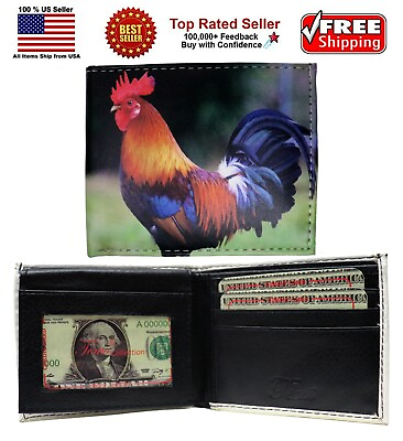 #ad Rooster Cock Chicken Image Leather Bi Fold Bifold Wallet