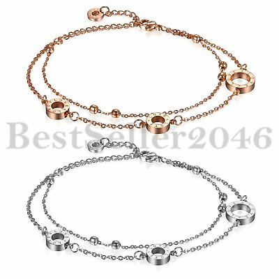 #ad Womens Girls Steel Double Layer Chain Love Charm Anklet Bracelet Adjustable