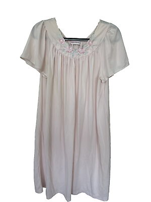#ad Shadowline Light Pink Womans Nightgown Embroidered Rose Neckline Size M