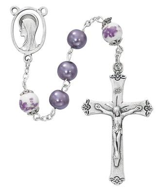 #ad Purple Pearl Rosary with Ceramic Flower Beads Silver Oxidized Center amp; Crucifix