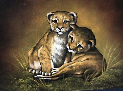 #ad Baby Tigger Puma Cub Feline Cat Old vintage black velvet oil painting art
