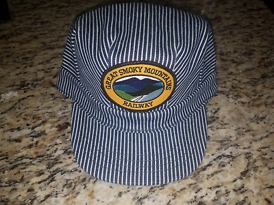 #ad Vintage Great Smoky Mountains Railway Conductors Hat Pinstriped USA Snapback